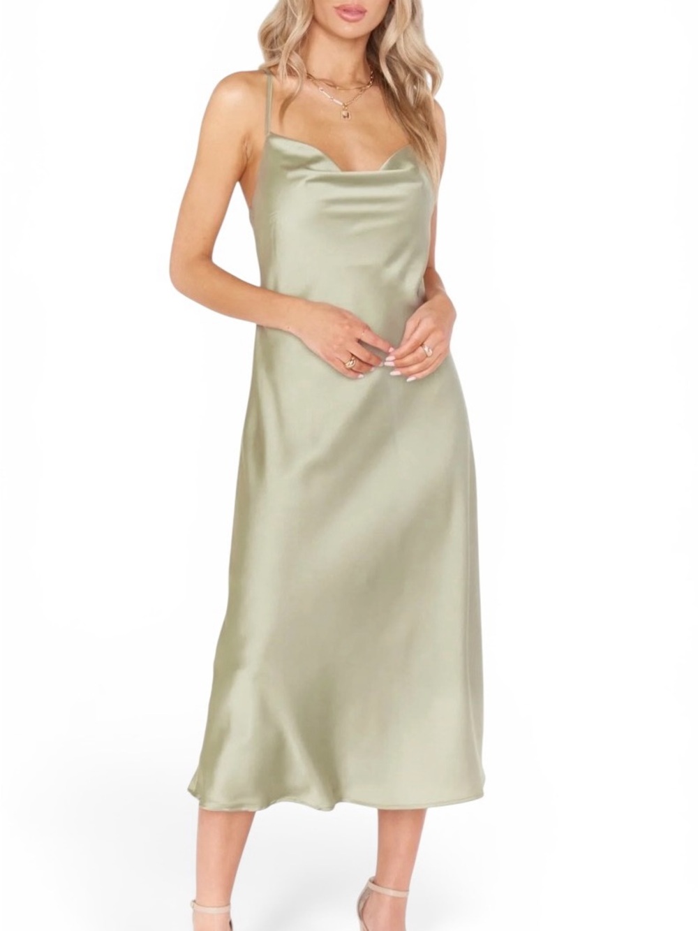 Show Me Your Mumu Verona Cowl Dress Moss Green Luxe Satin Size Small Never Worn - Picture 14 of 14